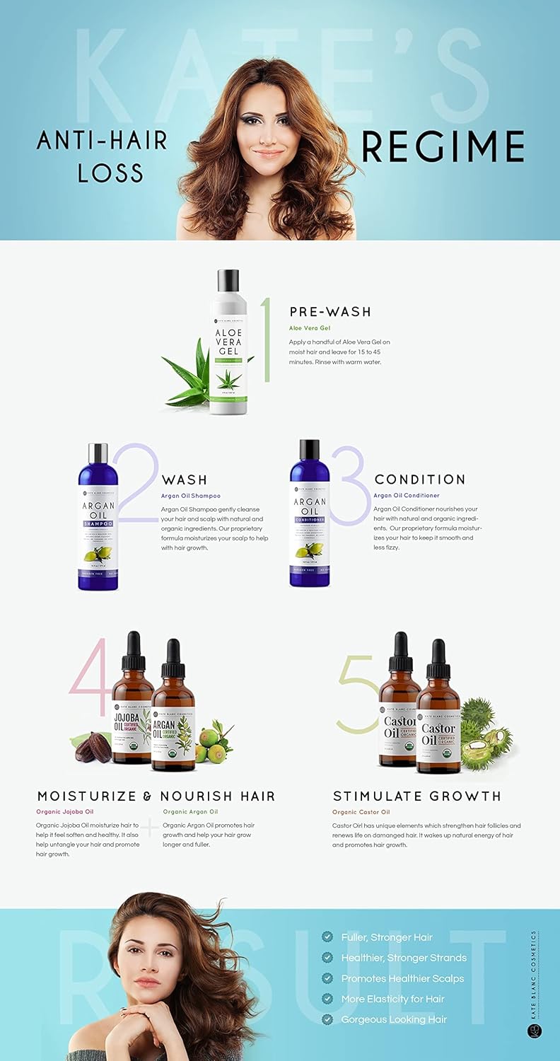 Kate Blanc Cosmetics Castor Oil Organic (2oz), 100% Pure, Cold Pressed, Hexane Free. Stimulate Growth for Hair, Eyelashes, Eyebrows. Hair Treatment Starter Kit & Skin Moisturizer