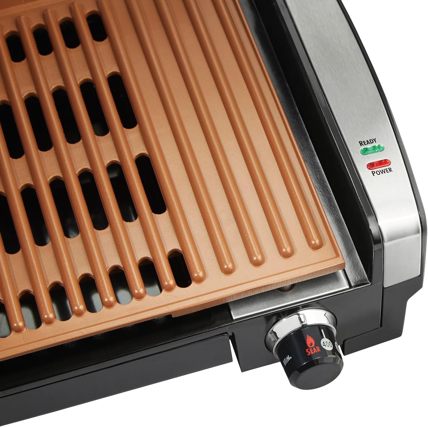 Hamilton Beach Electric Indoor Searing Grill with Viewing Window & Adjustable Temperature Control to 450F, 118 sq. in. Surface Serves 6, Removable Nonstick Grate, Stainless Steel