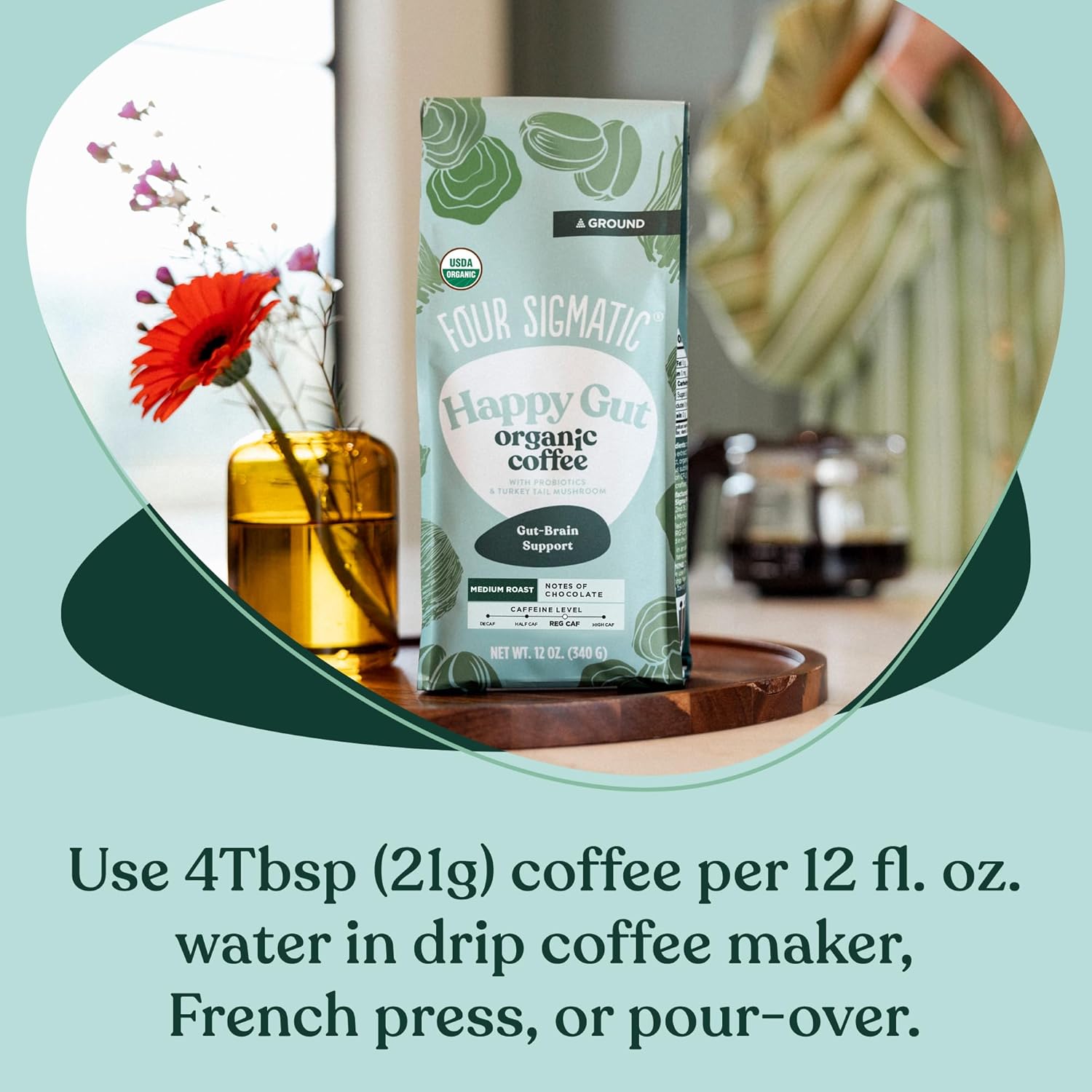 Four Sigmatic Think Mushroom Coffee | Organic Ground Coffee with Lion's Mane Mushroom and Chaga Mushroom | Nootropic Mushroom Coffee for Better Focus and Immune Support | 12oz Bag