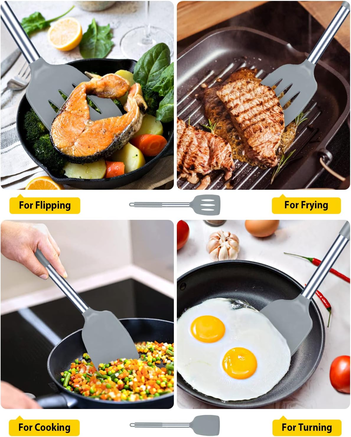 Pack of 2 Silicone Solid Turner,Non Stick Slotted Kitchen Spatulas,High Heat Resistant BPA Free Cooking Utensils,Ideal Cookware for Fish,Eggs,Pancakes (Black)