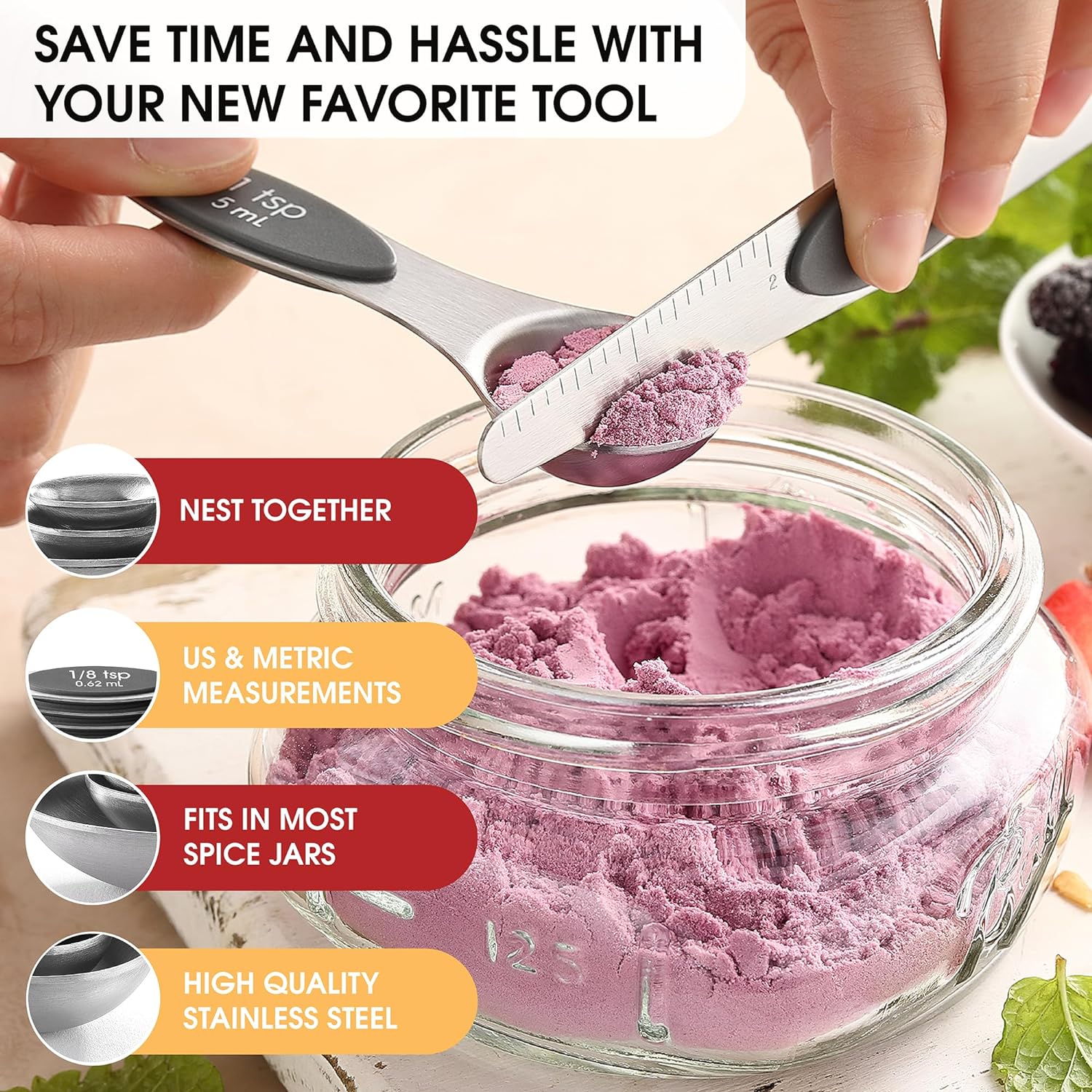 Spring Chef Magnetic Measuring Spoons Set with Strong N45 Magnets, Heavy Duty Stainless Steel Metal, Fits in Most Kitchen Spice Jars for Baking & Cooking, BPA Free, Black, Set of 8 with Leveler