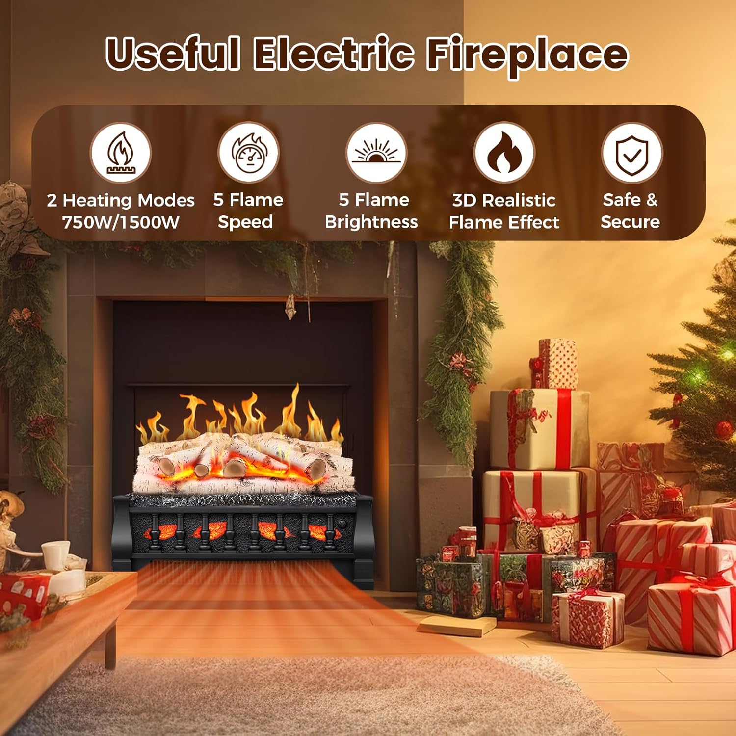 21 Inches Electric Fireplace Insert Log Heater Set, Freestanding Heater with Adjustable Flame Brightness and Flicker Speed, 750w/1500w Heating, Overheat Protection, Remote Control
