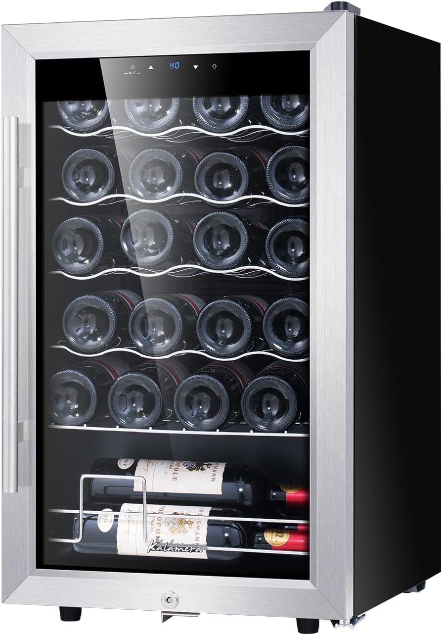 Kalamera 24 inch Wine Cooler, 46 Bottle - Dual Zone Built-in or Freestanding Fridge with Stainless Steel Reversible Glass Door, for Home, Kitchen, or Office.