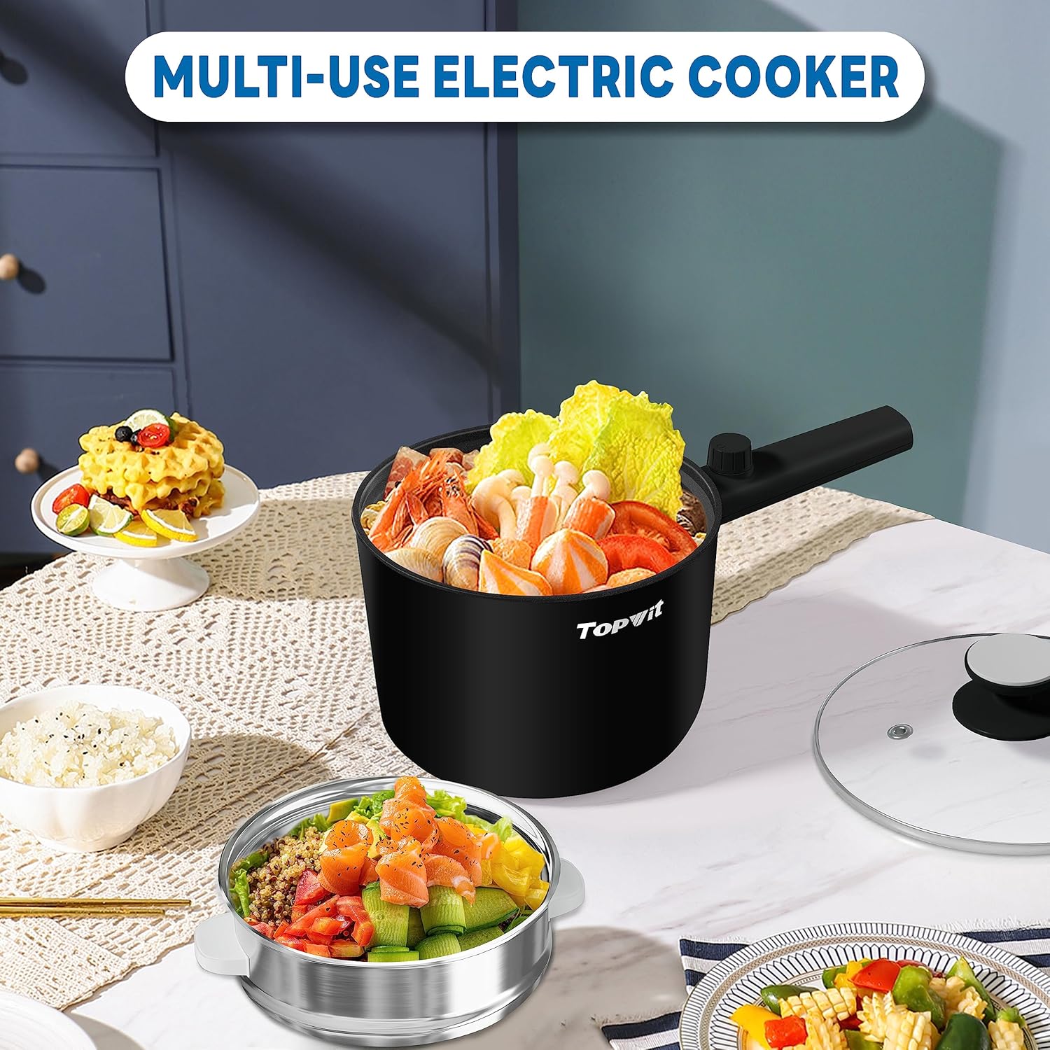 Topwit Hot Pot Electric, 1.5L Ramen Cooker, Portable Non-Stick Frying Pan, Electric Pot for Pasta, Steak, BPA Free, Electric Cooker with Dual Power Control, Over-Heating & Boil Dry Protection, Black