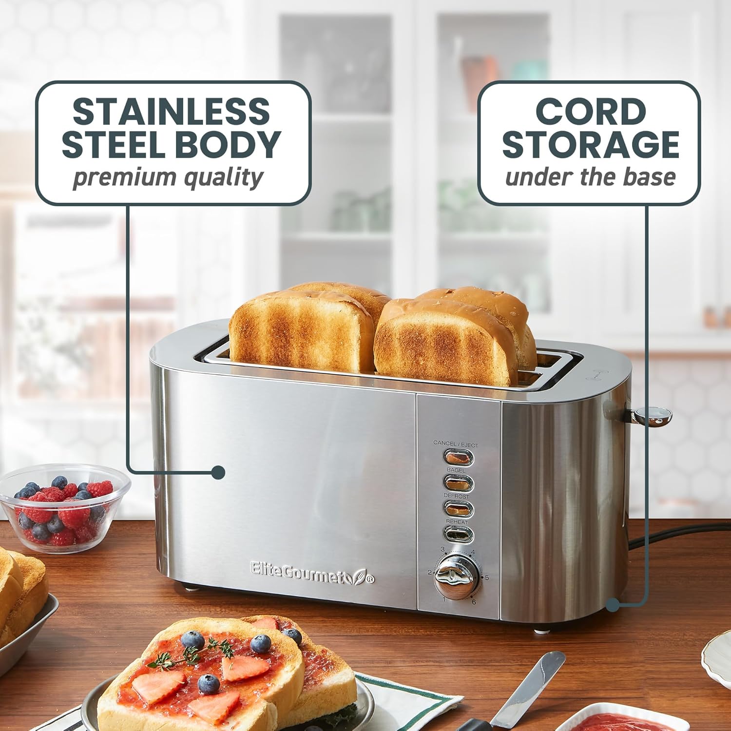 Elite Gourmet ECT-3100 Long Slot 4 Slice Toaster, Reheat, 6 Toast Settings, Defrost, Cancel Functions, Built-in Warming Rack, Extra Wide Slots for Bagels & Waffles, Stainless Steel & Black