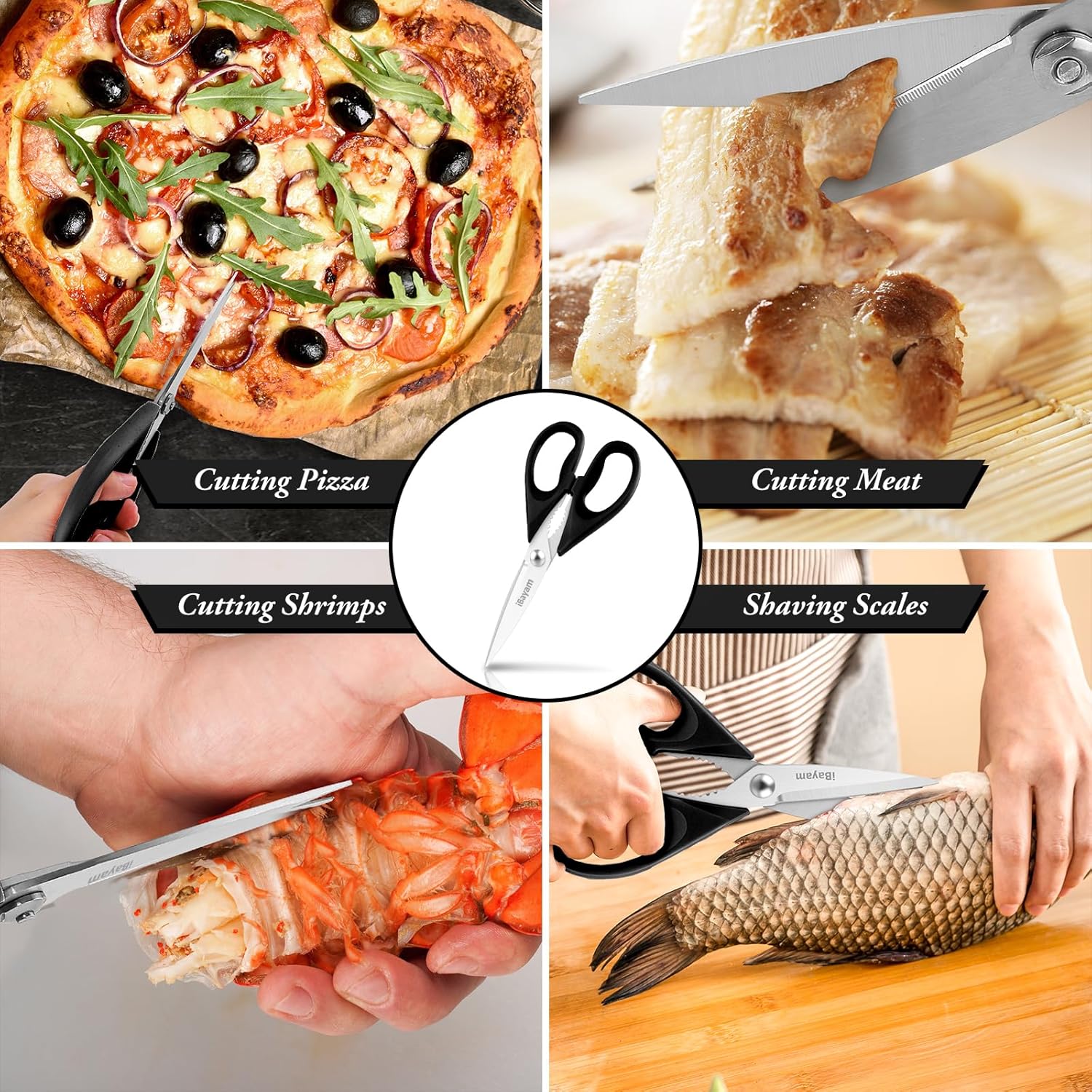 iBayam Kitchen Scissors All Purpose Heavy Duty Meat Poultry Shears, Dishwasher Safe Food Cooking Scissors Stainless Steel Utility Scissors, 2-Pack (Black Red, Black Gray)