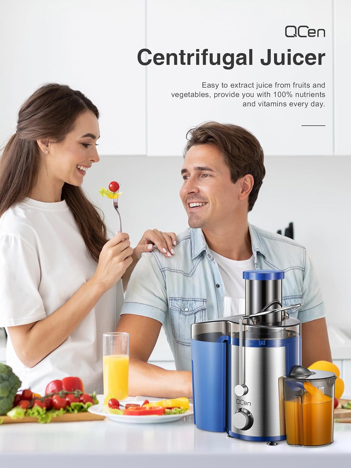 Qcen Juicer Machine, 800W Centrifugal Juicer Extractor with Wide Mouth 3” Feed Chute for Fruit Vegetable, Easy to Clean, Stainless Steel, BPA-free (Black)