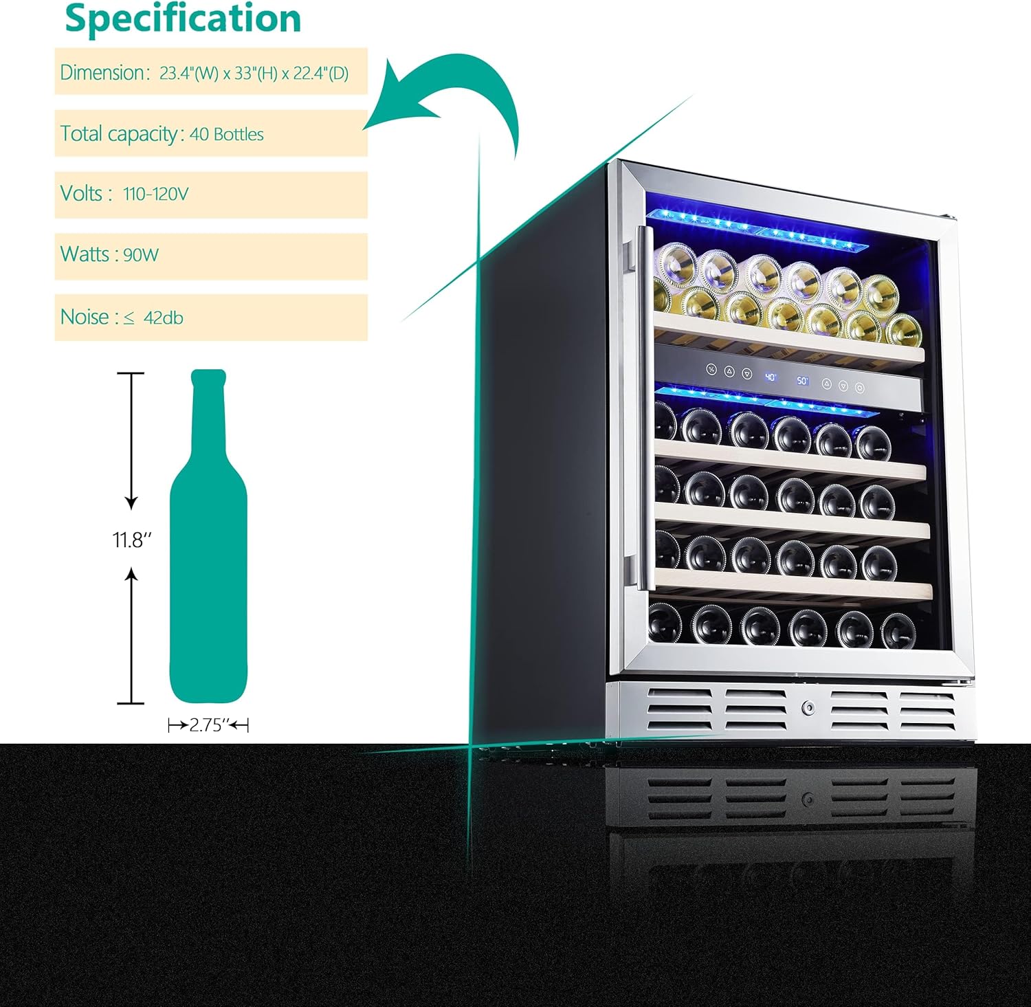 Kalamera 24 inch Wine Cooler, 46 Bottle - Dual Zone Built-in or Freestanding Fridge with Stainless Steel Reversible Glass Door, for Home, Kitchen, or Office.