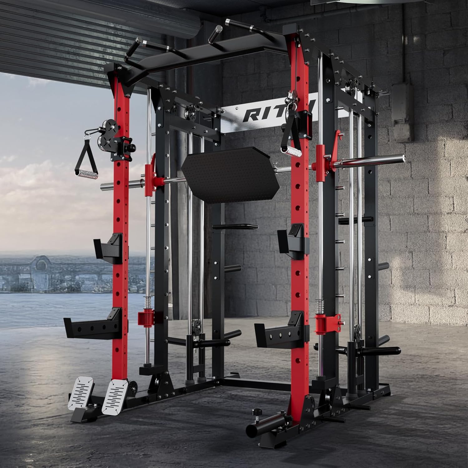 RitFit Buffalo Smith Machine, Power cage with LAT-Pull Down System & Cable Crossover System, All-in-One Squat Rack for Home Gym, Power Rack