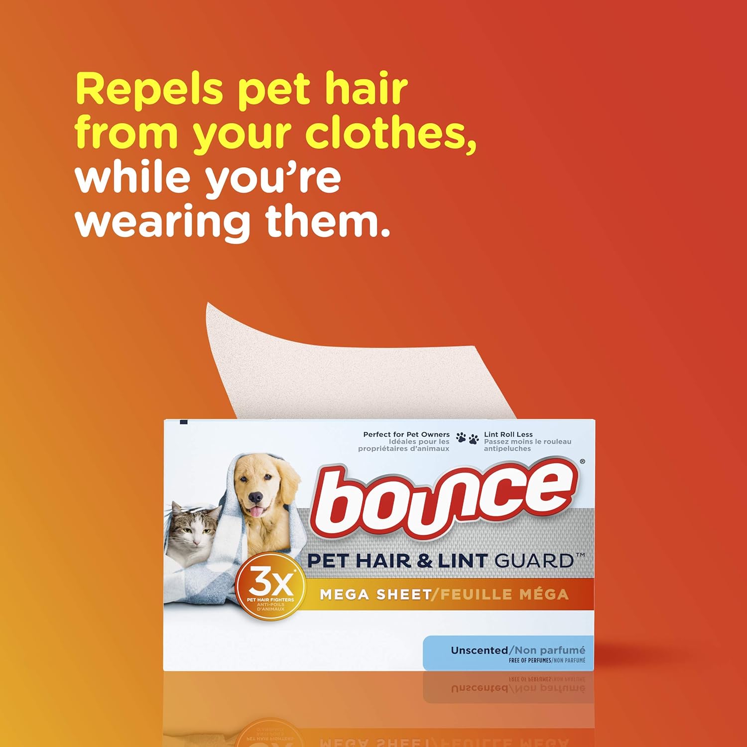 Bouce Bounce Pet Hair and Lint Guard Mega Dryer Sheets for Laundry, Fabric Softener with 3X Pet Hair Fighters, Unscented, Hypoallergenic, 120 Count