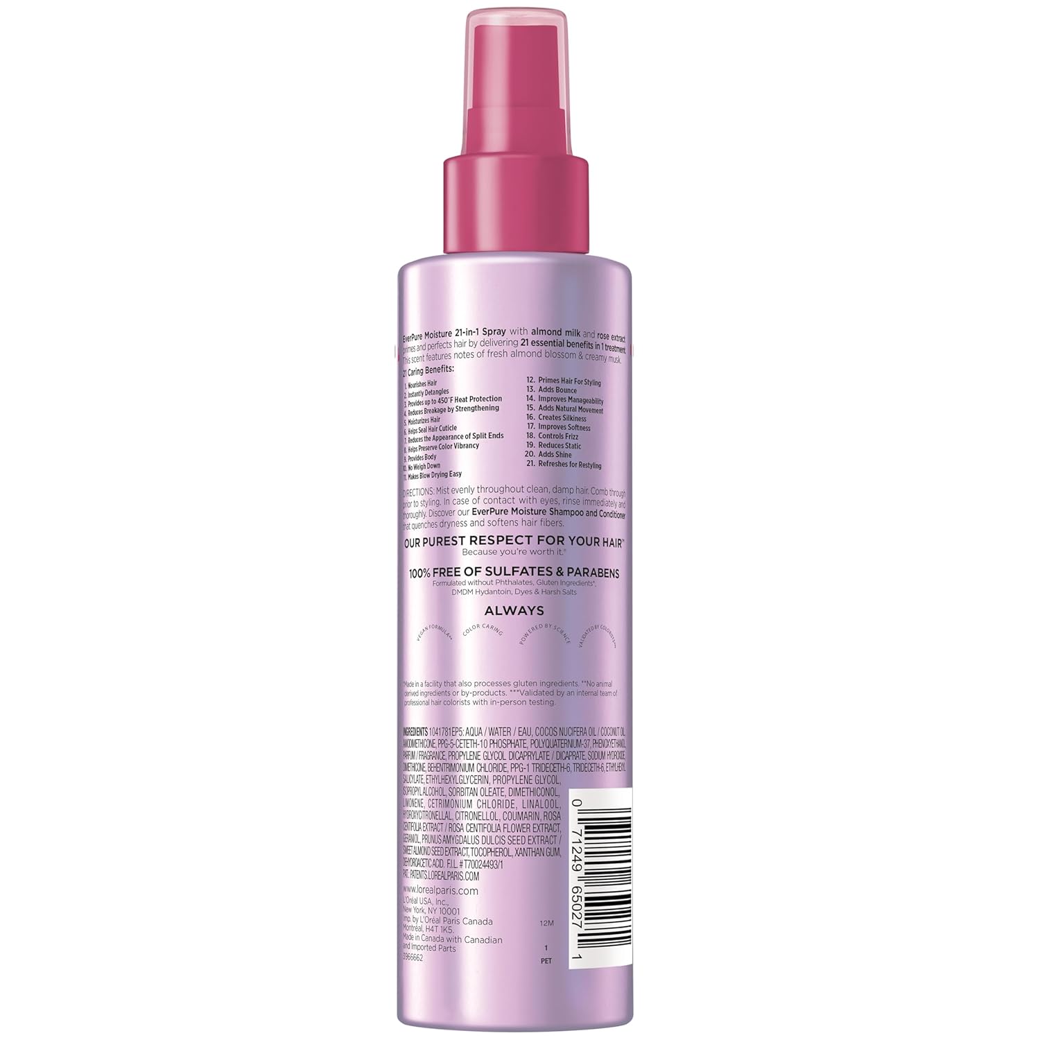L’Oréal Paris Sulfate Free Moisture 21-in-1 Leave-In Conditioner for Dry Hair, EverPure, 6.8 fl oz (Packaging May Vary)