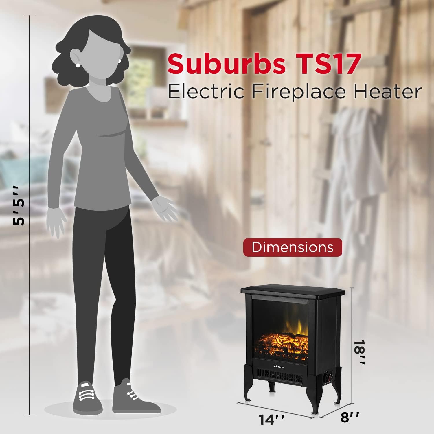 TURBRO Suburbs TS17 Compact Electric Fireplace Stove, 18” Freestanding Stove Heater with Realistic Flame - CSA Certified - Overheating Safety Protection - for Small Spaces - 1400W