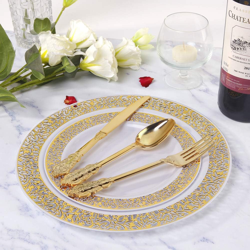 WDF300 Pieces Gold Plastic Silverware - Heavy Duty Disposable Gold Cutlery Set Plastic Gold Silverware Set Plastic Includes 100 Forks, 100 Spoons, 100 Knives