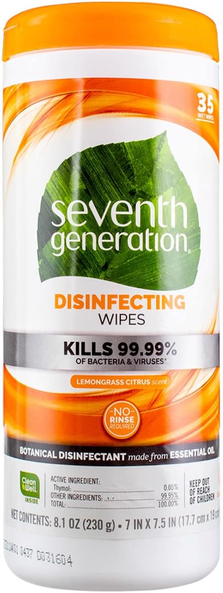 Seventh Generation Disinfecting Multi-Surface Wipes, Pack of 3, Lemongrass Citrus, 70 Count