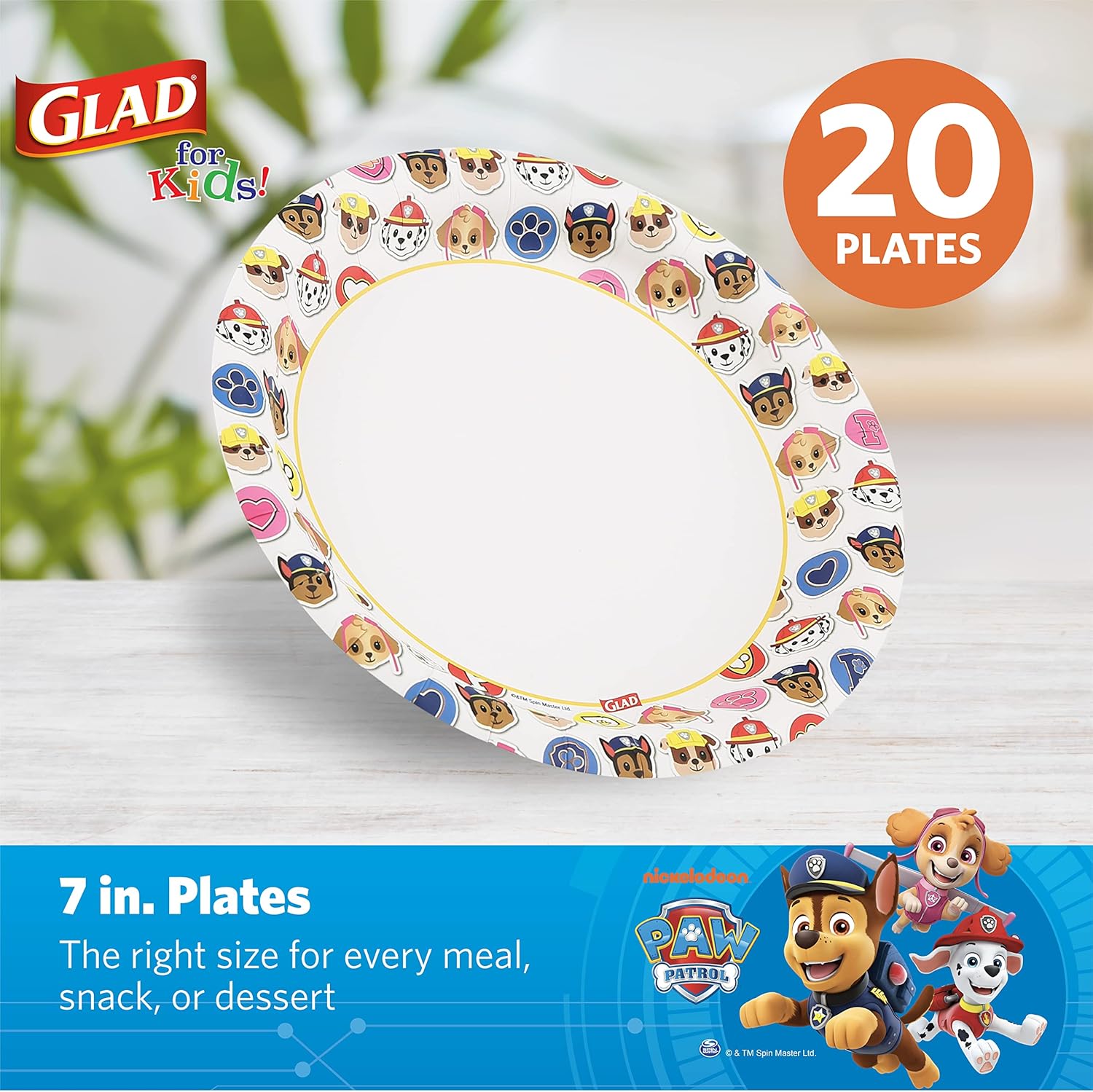 Glad for Kids Paw Patrol Emoji Disposable Paper Plates - Soak Proof, Microwave Safe Snack Plates, Kid Friendly Dinnerware for Everyday Use, 7 Inch, 20 Count