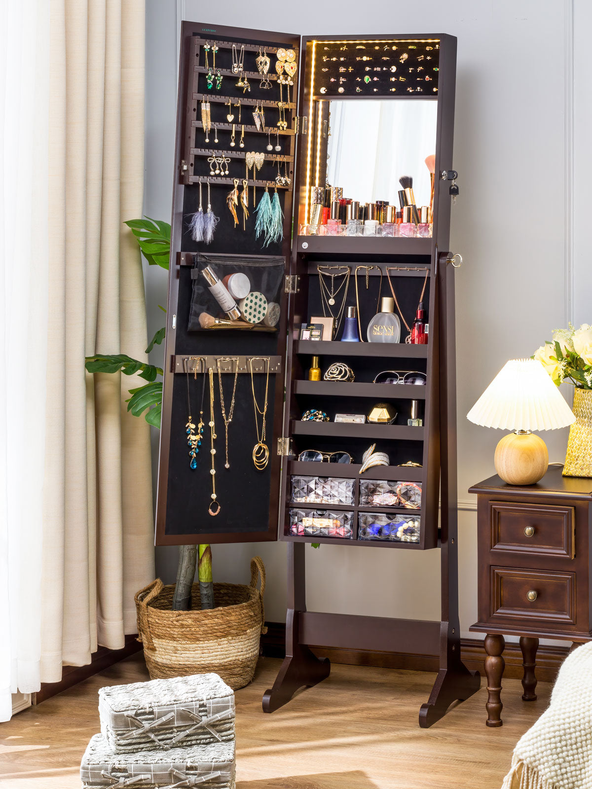 Standing Stella 6s Jewelry Armoire Full Length Mirror With Built-in Lights - Espresso