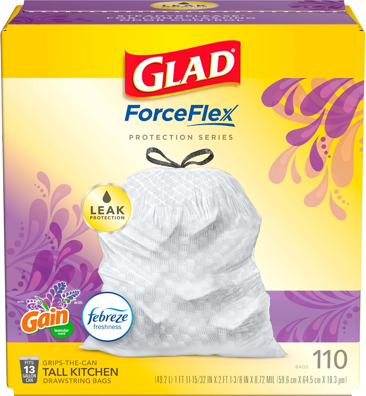 Glad ForceFlex Tall Kitchen Trash Bags, 13 Gal, Gain Original with Febreze, 110 Ct (Pack May Vary)