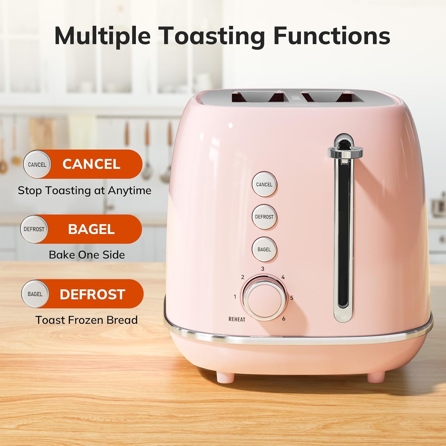 2 Slice Stainless Steel Toaster Retro with 6 Bread Shade Settings, Bagel, Cancel, Defrost Function, 2 Slice Toaster with Extra Wide Slot, Removable Crumb Tray, White
