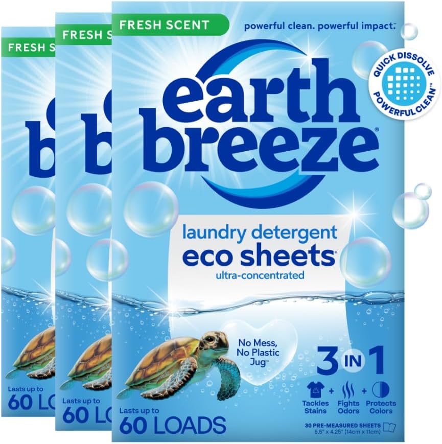 Earth Breeze Laundry Detergent Sheets Fresh Scent - 60 Loads No Plastic Jug Concentrated Laundry Detergent 30 Sheets