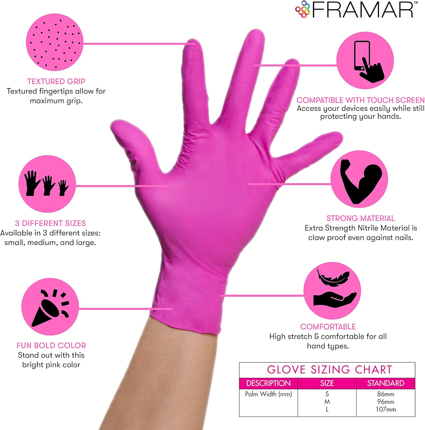 FRAMAR Pink Gloves Disposable Latex Free – Pink Nitrile Gloves Medium, Latex Free Gloves Medium, Plastic Gloves Disposable, Guantes de Nitrilo, Cleaning Gloves Medium, Non Latex Gloves
