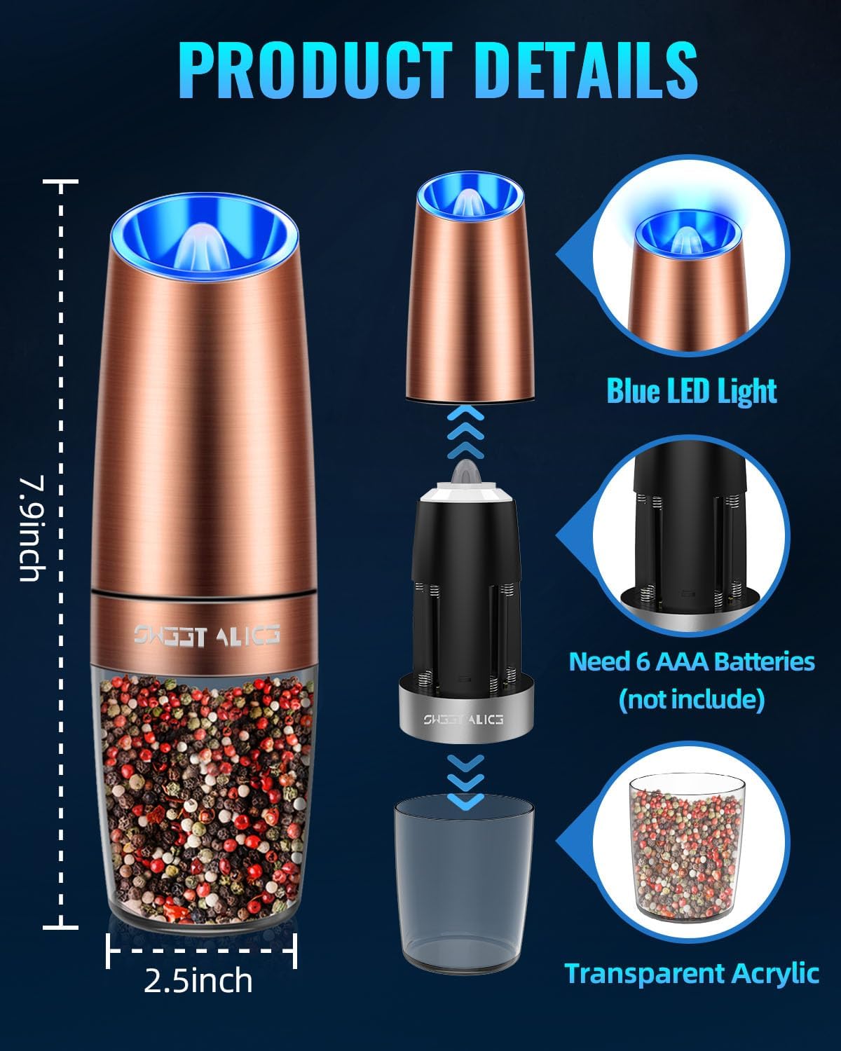Sweet Alice Gravity Electric Pepper and Salt Grinder Set, Adjustable Coarseness, Battery Powered with LED Light, One Hand Automatic Operation, Stainless Steel Black, 2 Pack