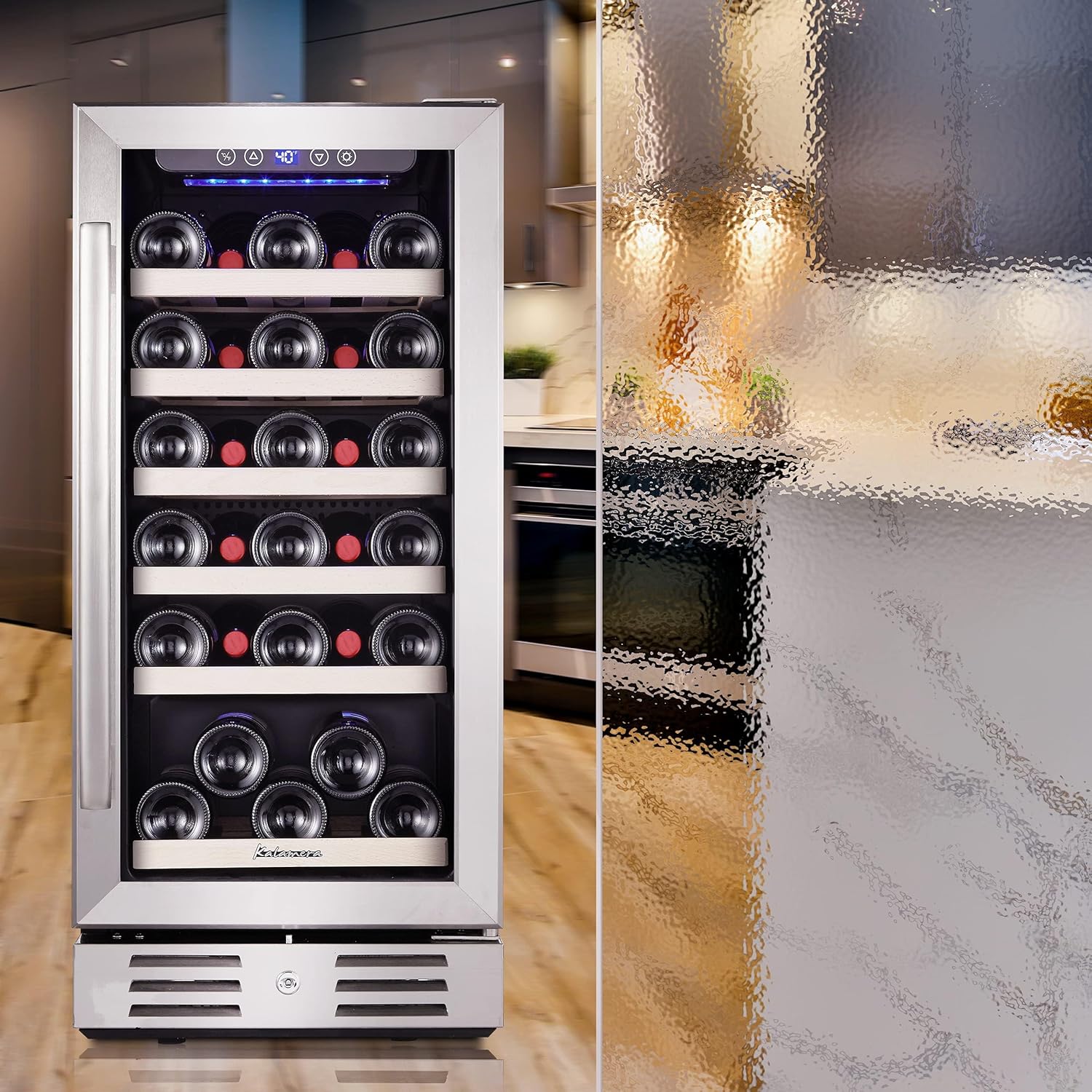 Kalamera 24 inch Wine Cooler, 46 Bottle - Dual Zone Built-in or Freestanding Fridge with Stainless Steel Reversible Glass Door, for Home, Kitchen, or Office.