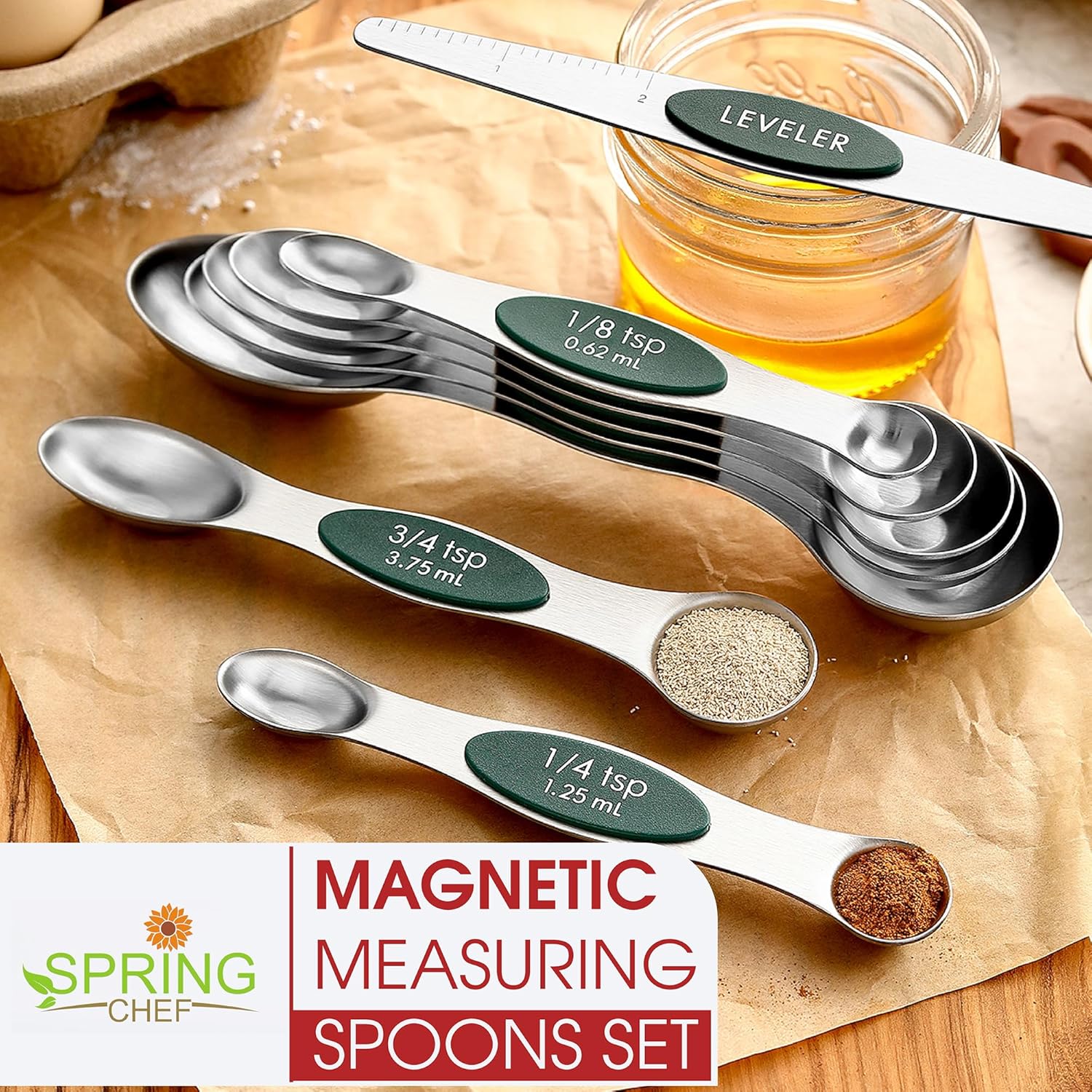 Spring Chef Magnetic Measuring Spoons Set with Strong N45 Magnets, Heavy Duty Stainless Steel Metal, Fits in Most Kitchen Spice Jars for Baking & Cooking, BPA Free, Black, Set of 8 with Leveler