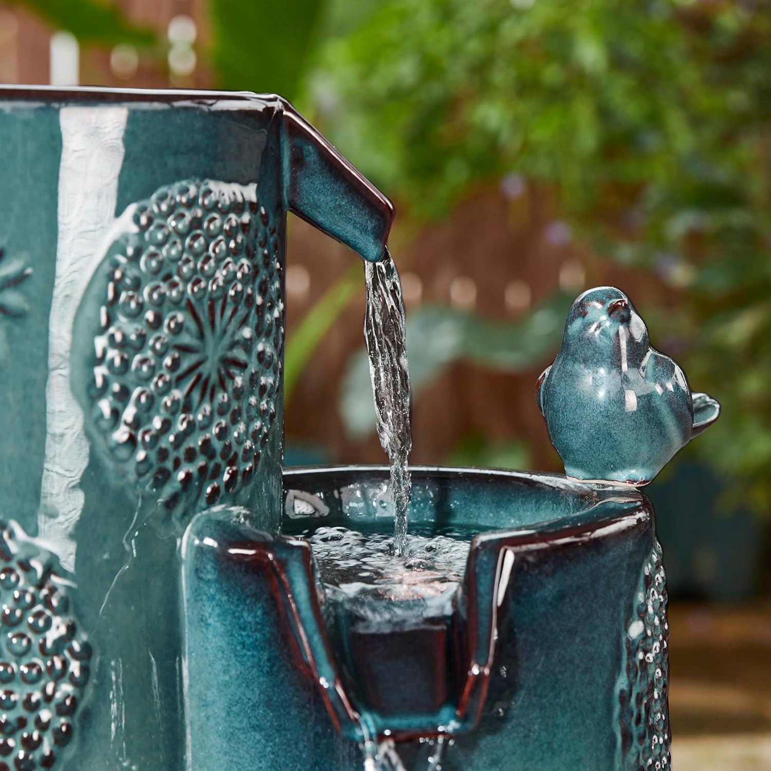 Outdoor Water Fountain with LED Lights and Pump, 4 Tier Dandelion Texture Vase Shaped Ceramic Floor Standing Fountain with Birds for Porch Deck Garden Patio Backyard, Turquoise