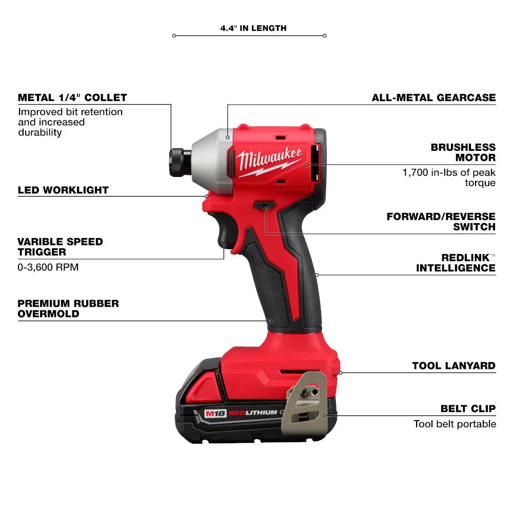 Milwaukee Pre-Sale Pre-Sale 3692-22CT M18 18V Compact Brushless 2 Tool Drill/Driver Combo Kit