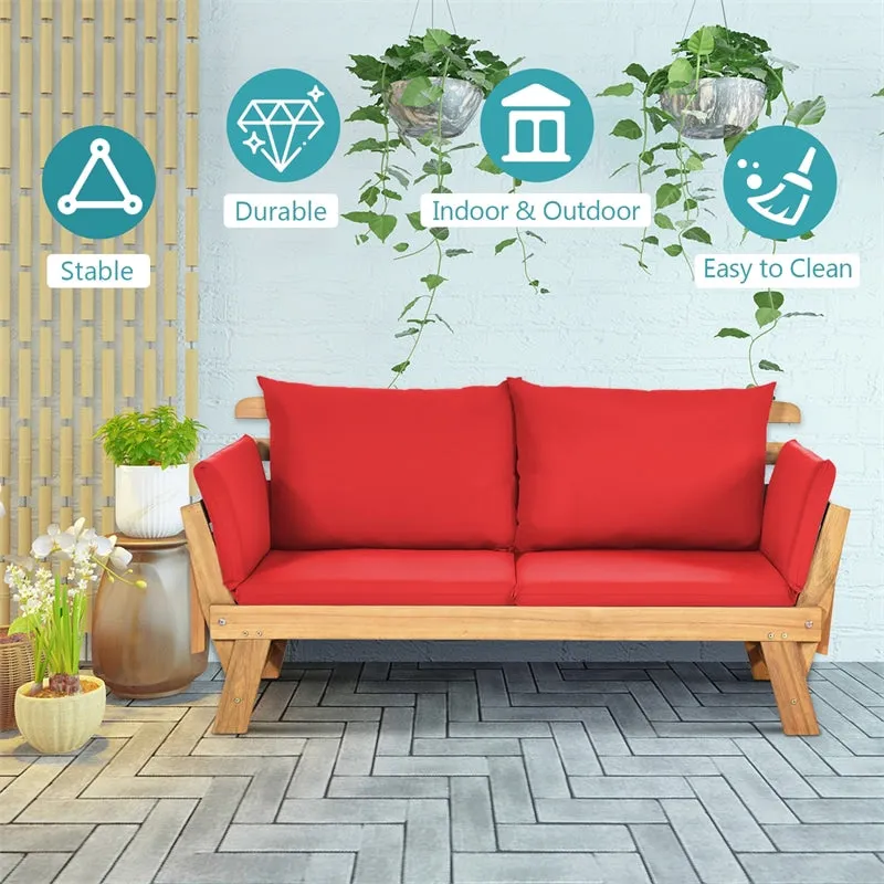 Outdoor Daybed Acacia Wood Convertible Couch Sofa Bed with Adjustable Armrest & Cushion