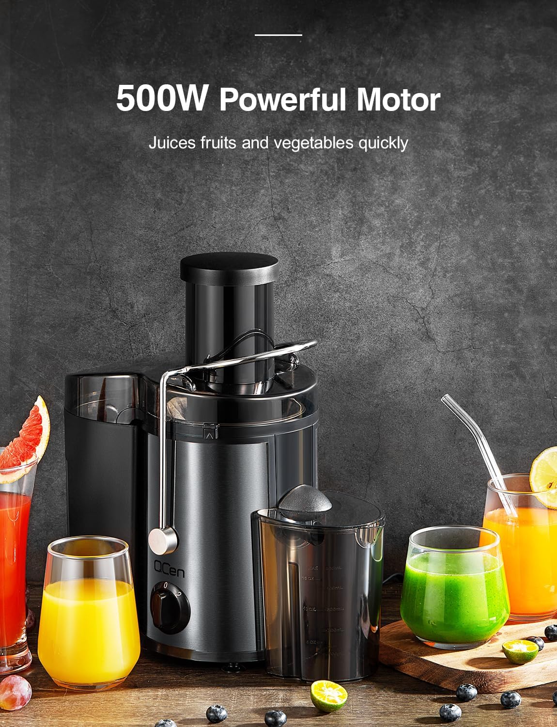 Qcen Juicer Machine, 800W Centrifugal Juicer Extractor with Wide Mouth 3” Feed Chute for Fruit Vegetable, Easy to Clean, Stainless Steel, BPA-free (Black)
