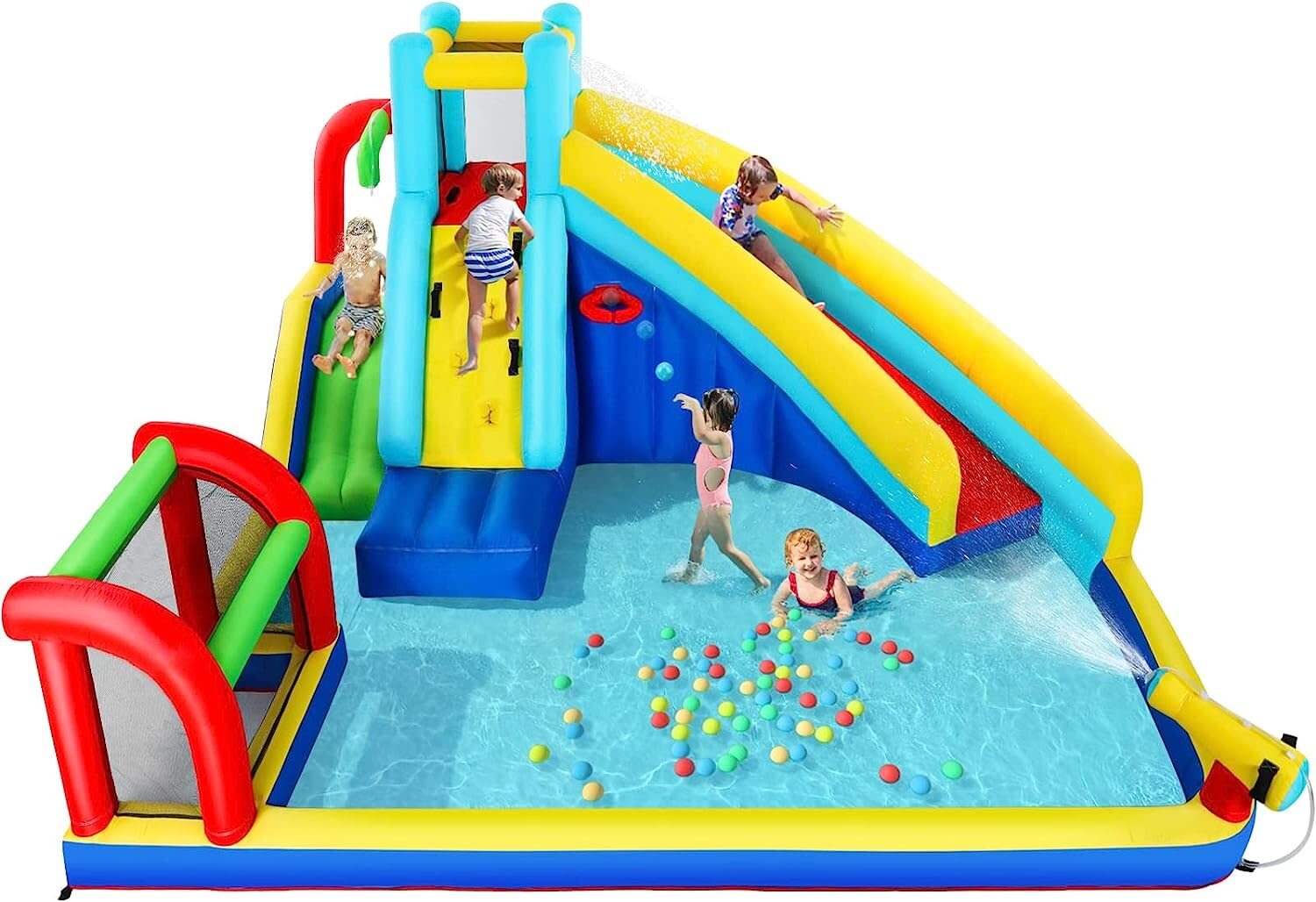 Kids Outdoor Inflatable Bouncers Water Slide Pool with Long Slide Climbing Wall, Including Stakes (with 450W Air Blower)