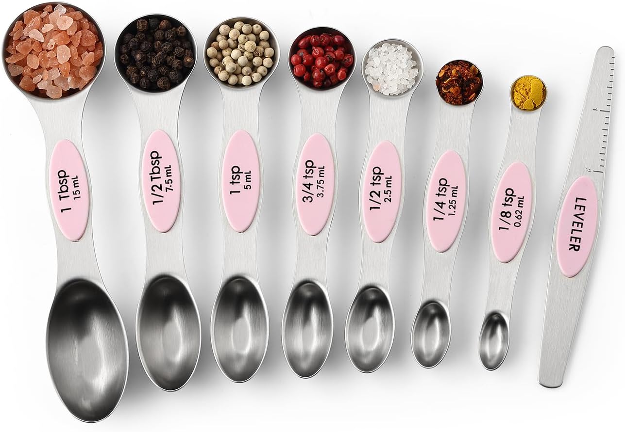 Spring Chef Magnetic Measuring Spoons Set with Strong N45 Magnets, Heavy Duty Stainless Steel Metal, Fits in Most Kitchen Spice Jars for Baking & Cooking, BPA Free, Black, Set of 8 with Leveler