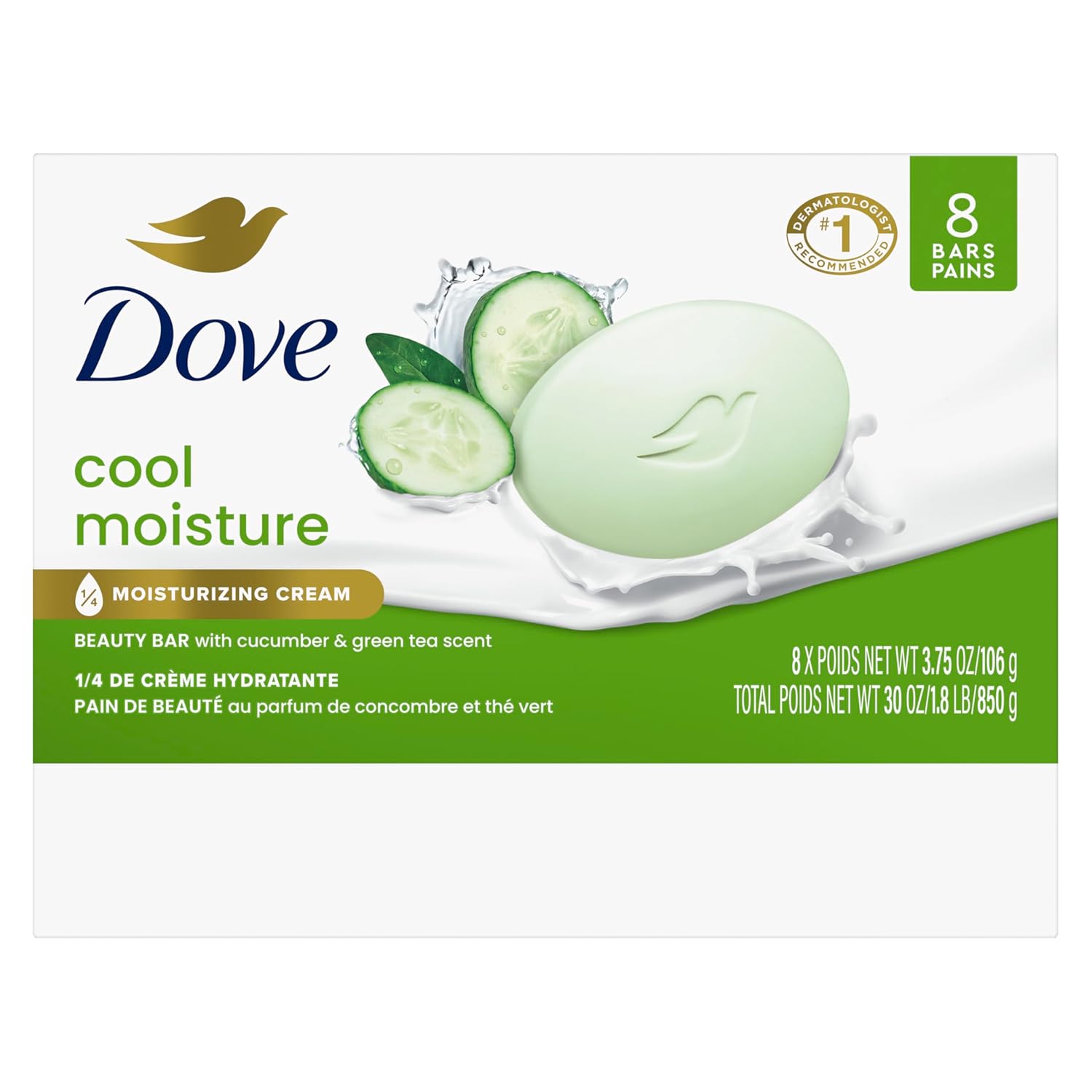 Dove Skin Care Beauty Bar For Softer Skin Cucumber and Green Tea More Moisturizing Than Bar Soap 3.75 oz, 14 Bars