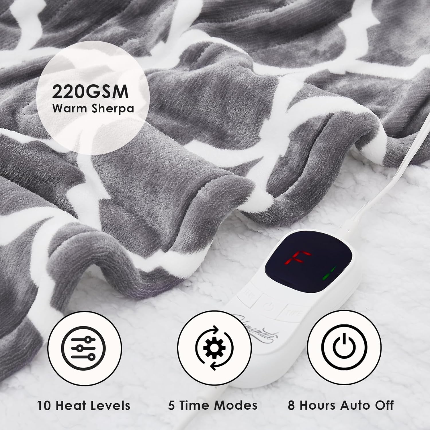 Homemate Heated Blanket Electric Throw - 50“x60“ Heating Blanket with 10 Fast Heat Levels 8 Hours Auto Off Soft Cozy Flannel Over-Heated Protection ETL Certification Keep Warming in Home