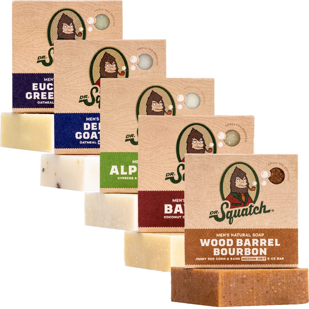 Dr. Squatch All Natural Bar Soap for Men, 5 Bar Variety Pack - Men's Natural Bar Soap - Rainforest Rapids, Coconut Castaway, Fresh Falls, Summer Citrus, and Eucalyptus Greek Yogurt - Soap Gift