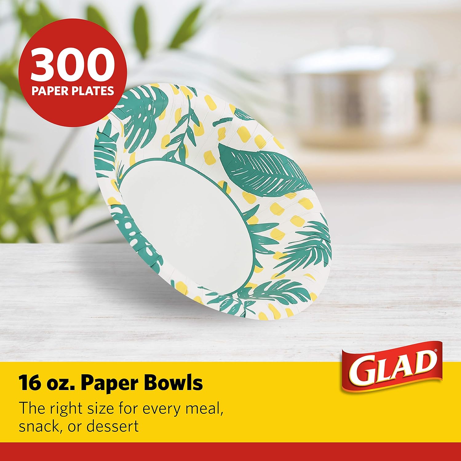 Glad Disposable Soup Bowls for Hot Food - Heavy Duty, Cut Resistant, Microwaveable Paper Bowls with Tropical Palm Leaves Design - Ideal for Party, Chili, Fruit, Salad, Ice Cream - 16 Oz, 50 Count