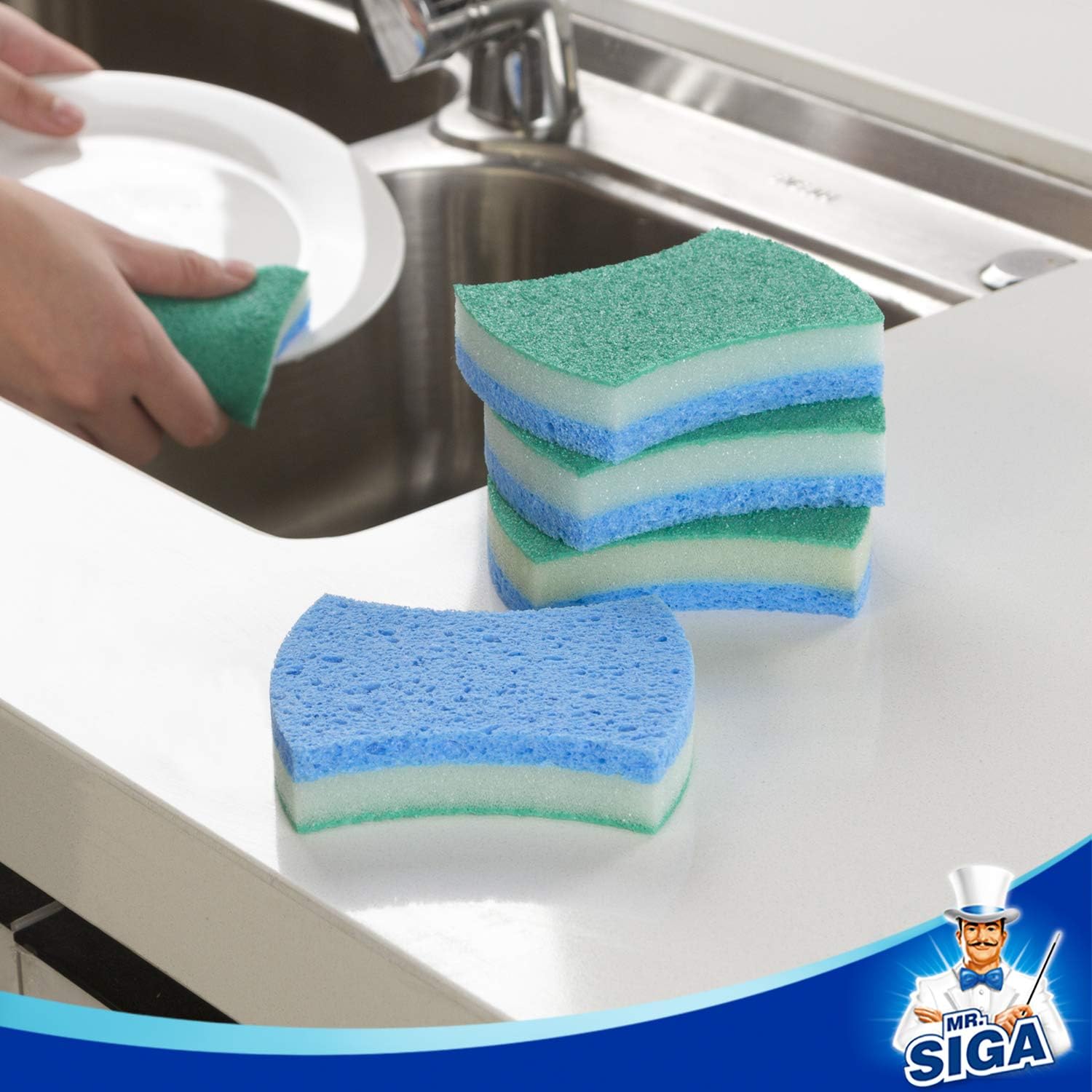 MR.SIGA Non-Scratch Cellulose Scrub Sponge, Dual-Sided Dishwashing Sponge for Kitchen, 12 Pack