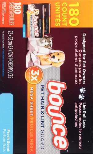 Bounce Pet Hair and Lint Guard Mega Fabric Softener Dryer Sheets with 3X Pet Hair Fighters, Fresh Scent, 180 Count, Bounce Dryer Sheets, Pet Hair Remover for Laundry