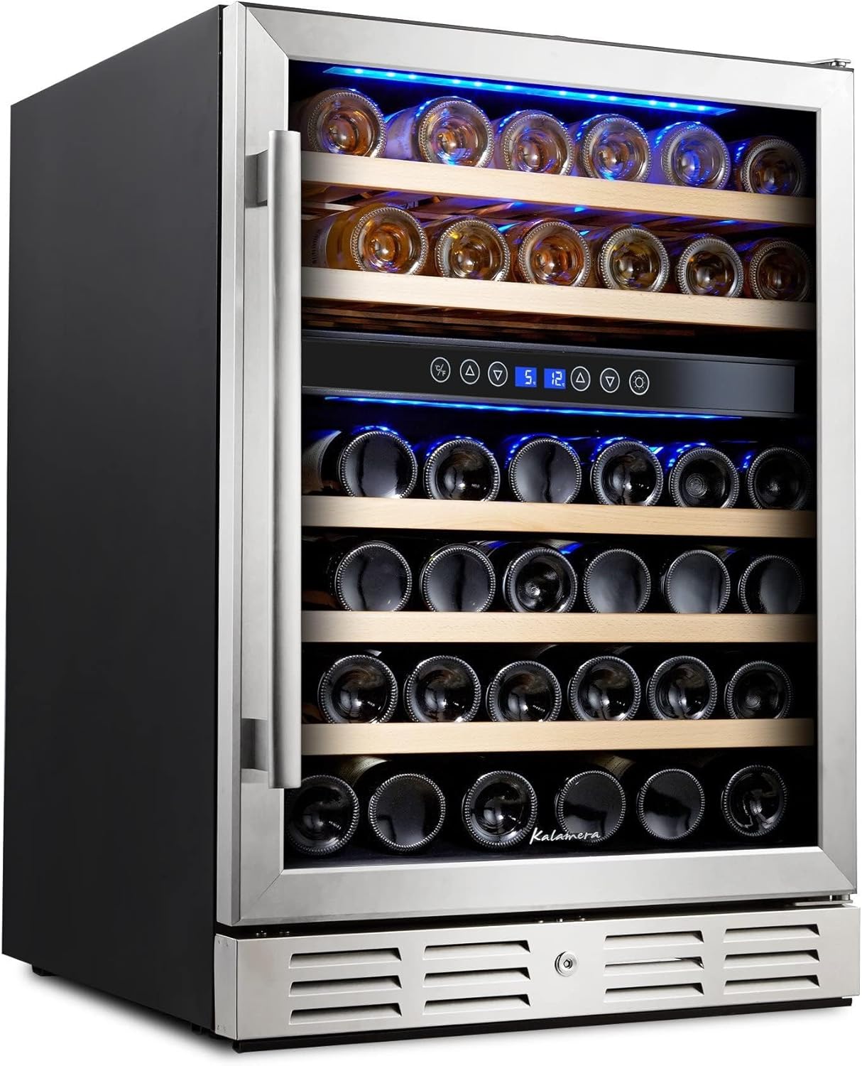Kalamera 24 inch Wine Cooler, 46 Bottle - Dual Zone Built-in or Freestanding Fridge with Stainless Steel Reversible Glass Door, for Home, Kitchen, or Office.