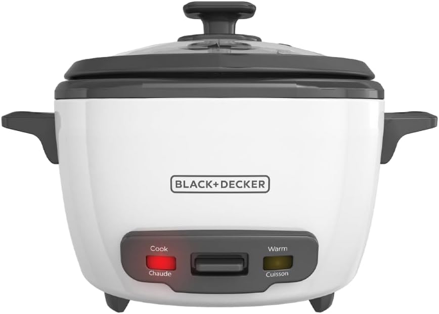 BLACK+DECKER 6-Cup Rice Cooker, RC506, 3-cup Uncooked Rice, Steaming Basket, Removable Non-Stick Bowl, One Touch