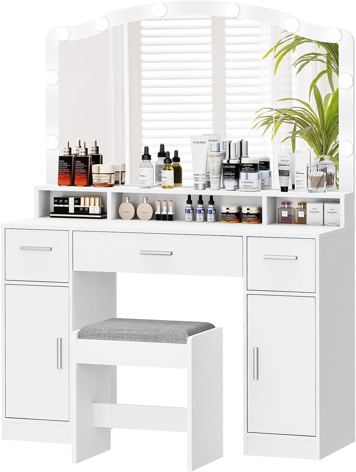 usikey Large Vanity Desk with Large Lighted Mirror, Modern Makeup Vanity Table with 3 Drawers, 2 Storage Cabinets & 10 LED Bulbs, Bedroom Dressing Table with Cushioned Stool for Women, White