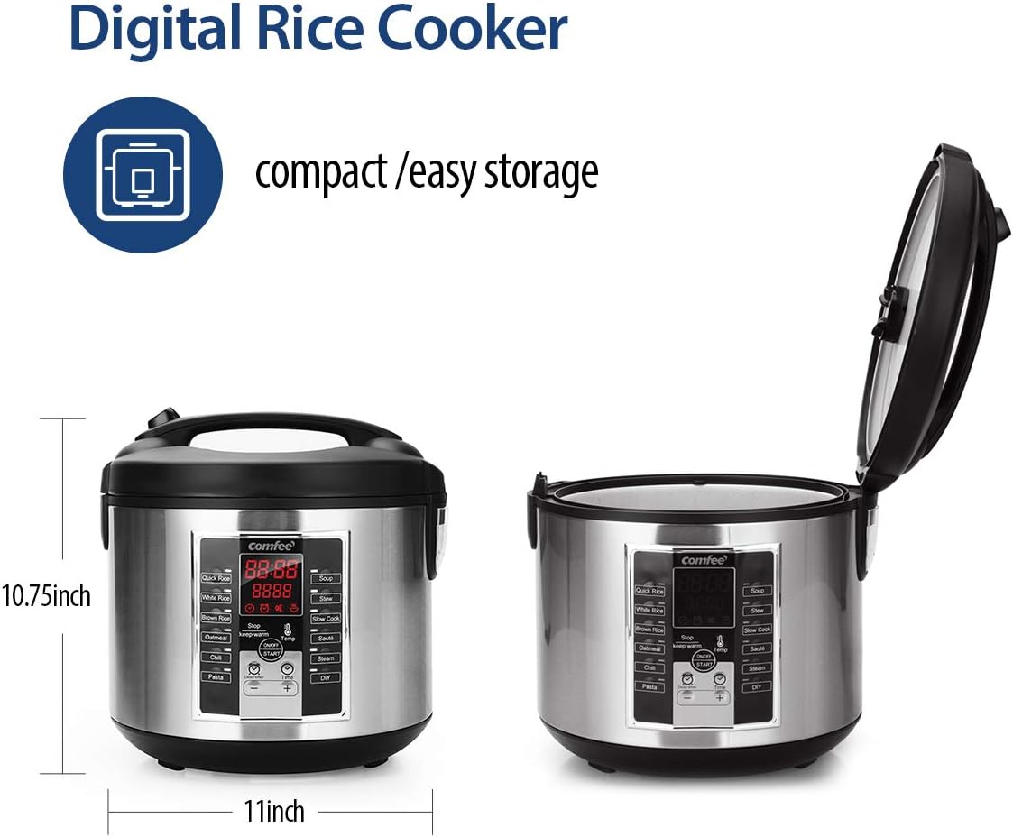 COMFEE' Compact Rice Cooker, 6-in-1 Stainless Steel Multi Cooker, Slow Cooker, Steamer, Saute, and Warmer, 2 QT, 8 Cups Cooked(4 Cups Uncooked), Brown Rice, Quinoa and Oatmeal, 6 One-Touch Programs