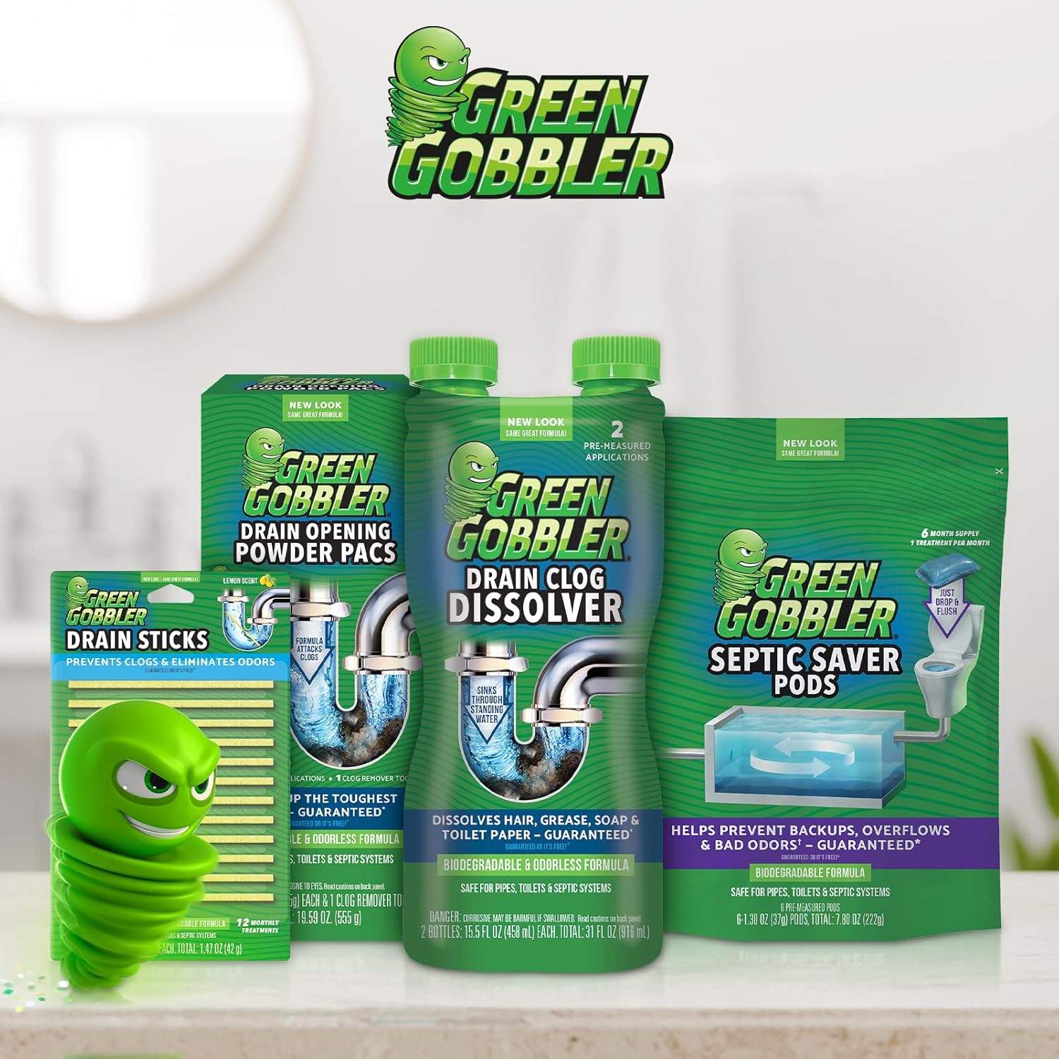 Green Gobbler Drain Cleaner & Deodorizer FRESH SCENT Sticks for Toilet Tanks, Sinks, Bathtub Drains, Washing Machine Drains and Garbage Disposals - 24 Pieces
