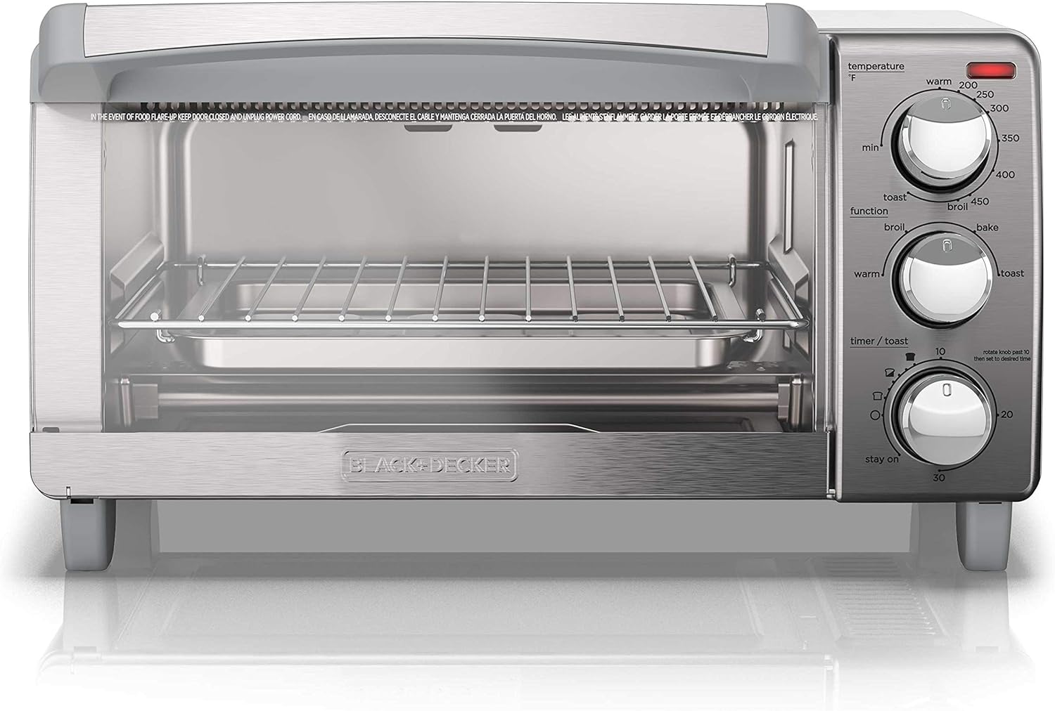 BLACK+DECKER 4-Slice Toaster Oven, TO1745SSG, Even Toast, 4 Cooking Functions Bake, Broil, Toast and Keep Warm, Removable Crumb Tray, Timer