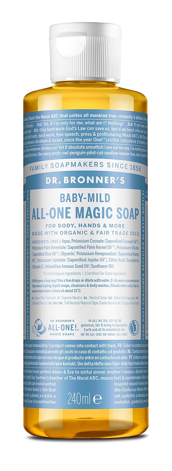 Dr. Bronner's - Pure-Castile Liquid Soap (Baby Unscented, 8 Ounce) - Made with Organic Oils, 18-in-1 Uses: Face, Hair, Laundry, Dishes, For Sensitive Skin, Babies, No Added Fragrance, Vegan, Non-GMO