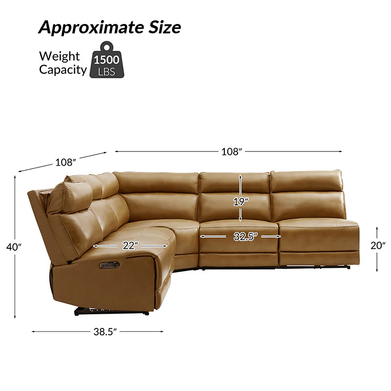 Raphael Genuine Leather Power Reclining Corner Sectional with USB and Type-C