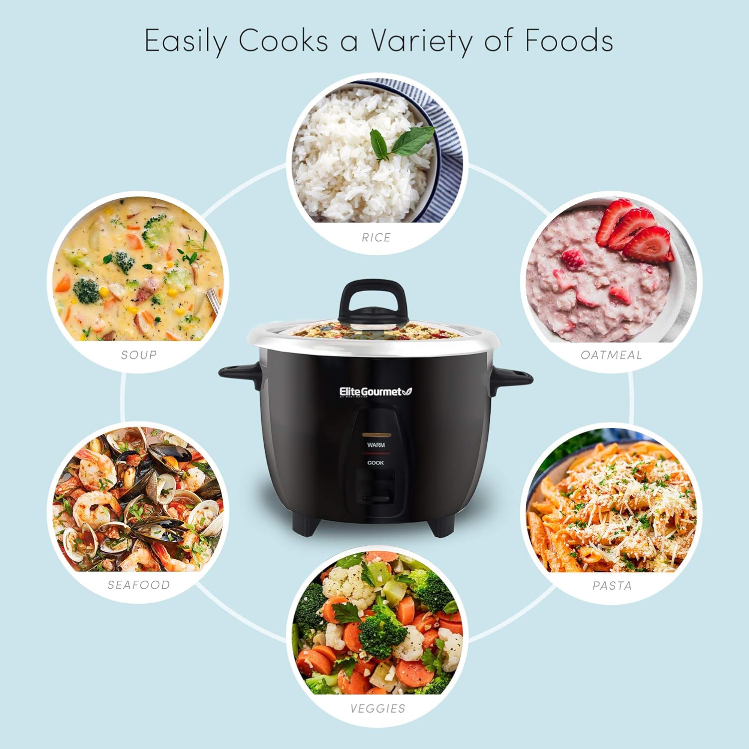 Elite Gourmet ERC-003 Electric Rice Cooker with Automatic Keep Warm Makes Soups, Stews, Grains, Hot Cereals, White, 6 Cups Cooked (3 Cups Uncooked)