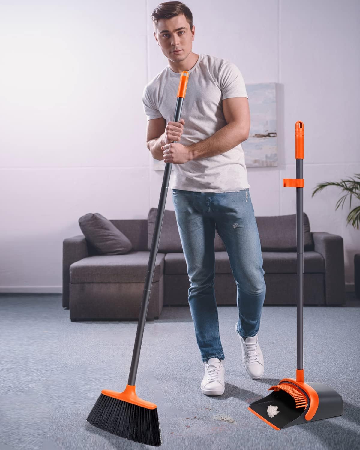 Broom with Dustpan Combo Set, Upgrade Broom and Dustpan Set for Home, 52'' Long Handle Broom and Dustpan Set, Standing Dustpan and Broom for Kitchen Office Lobby Floor