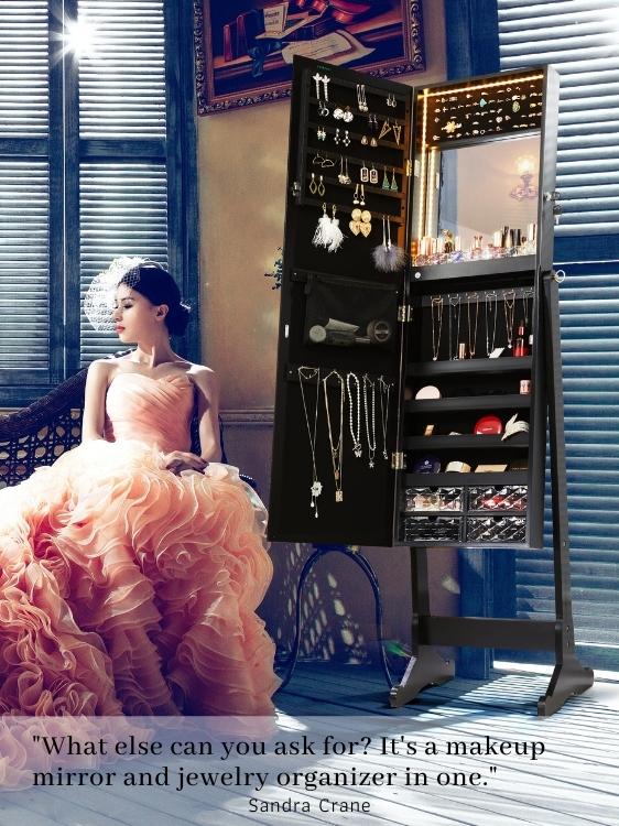 Stella 6 Standing Jewelry Armoire Full Length Mirror With Built-in Lights – Black